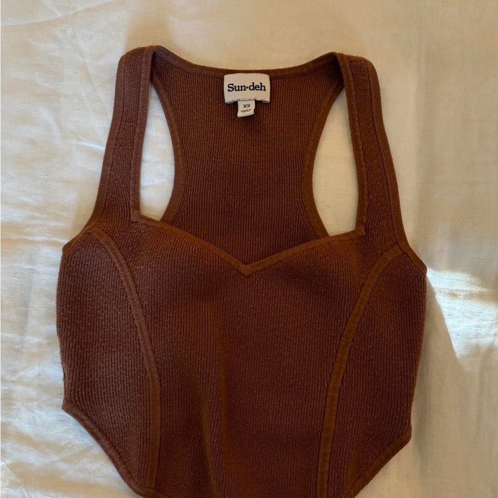 Aritzia Sun-Deh Brown Ribbed Corset Knit Crop Top